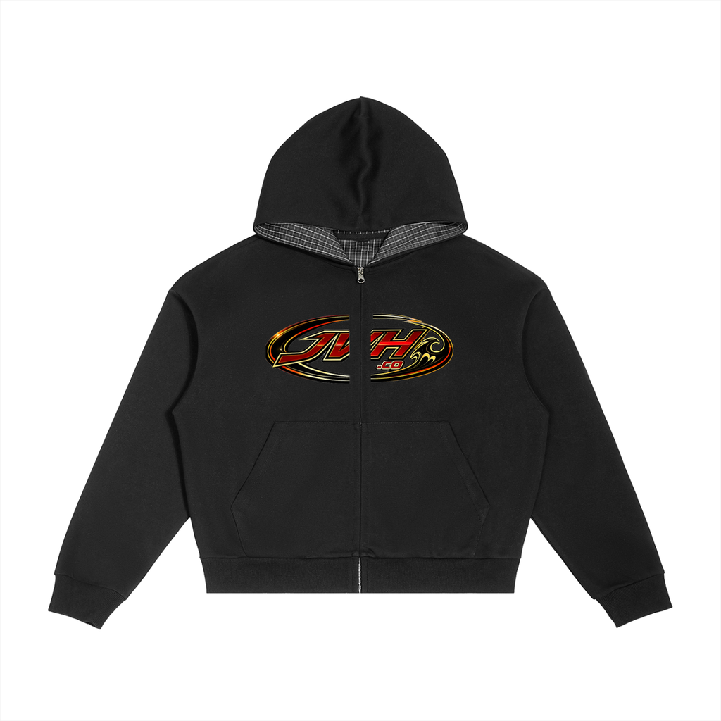 JVH.CO Contrast Plaid Boxy Zip Hoodie (BLACK , RED)