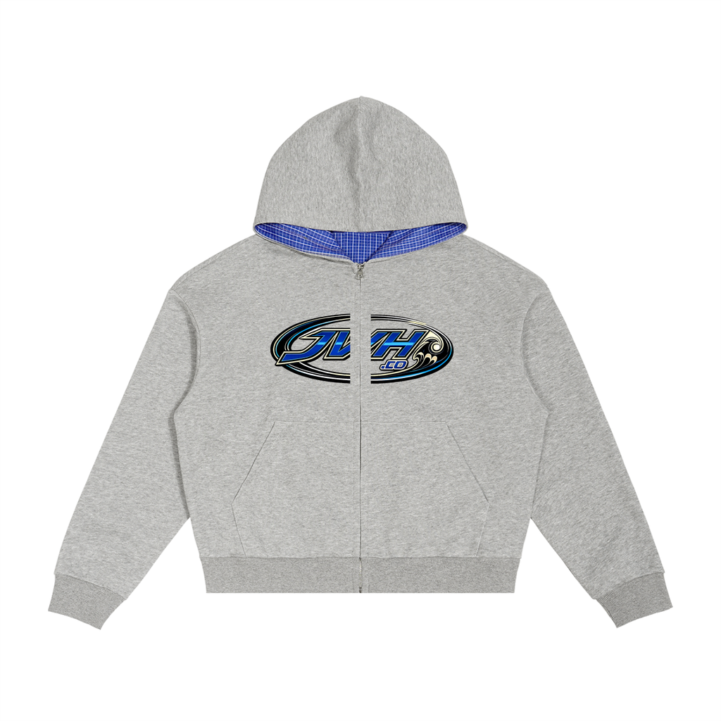 JVH.CO Contrast Plaid Boxy Zip Hoodie (GREY, BLUE)