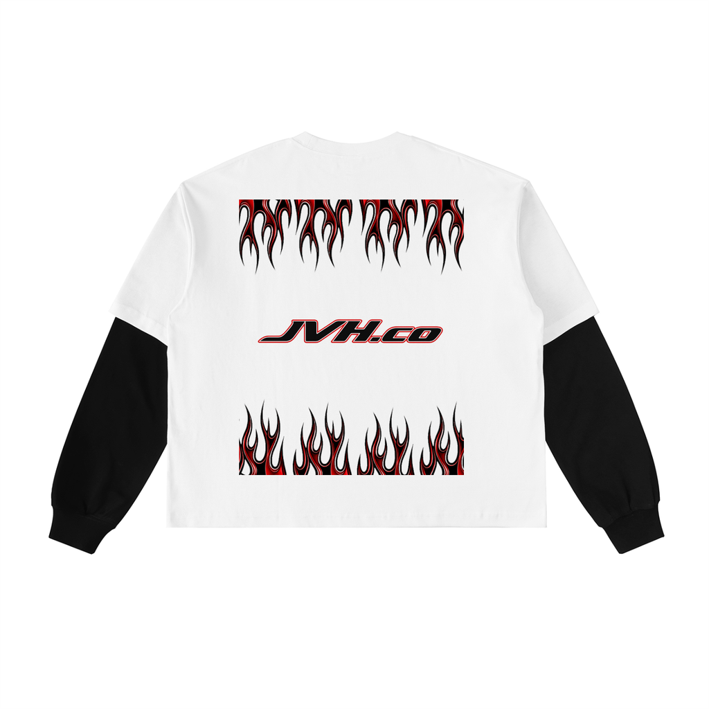 Layered Contrast Sleeve Cotton Flames Around T-Shirt (RED)