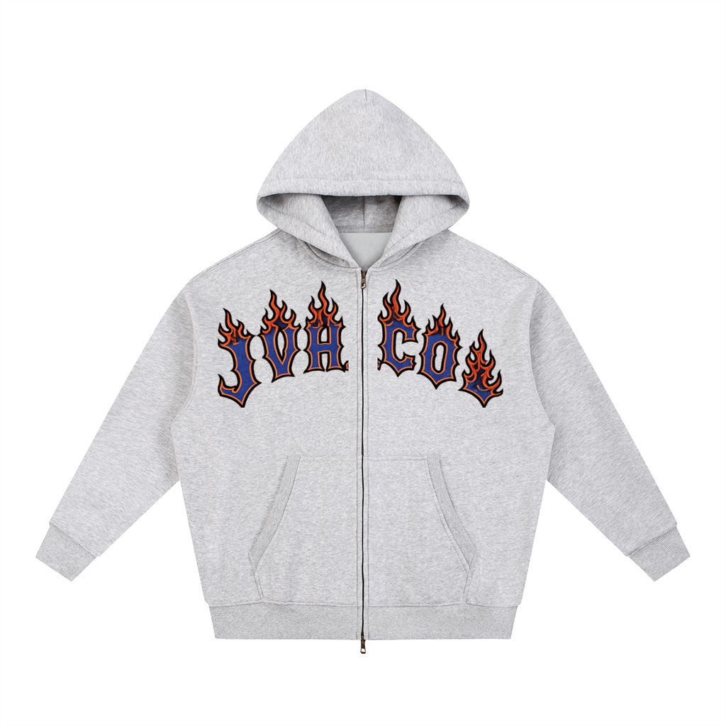 JVH.CO Oversized Fleece Boxy Beach Flames Zip Up Hoodie