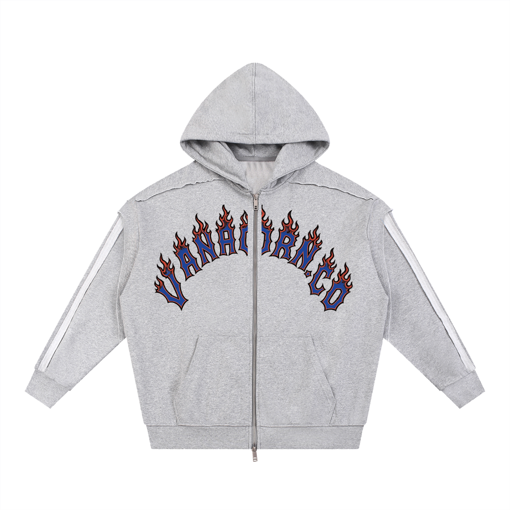 JVH.CO Contrast Tape Raw Edge Double Layered Zip Beach Flames Hoodie