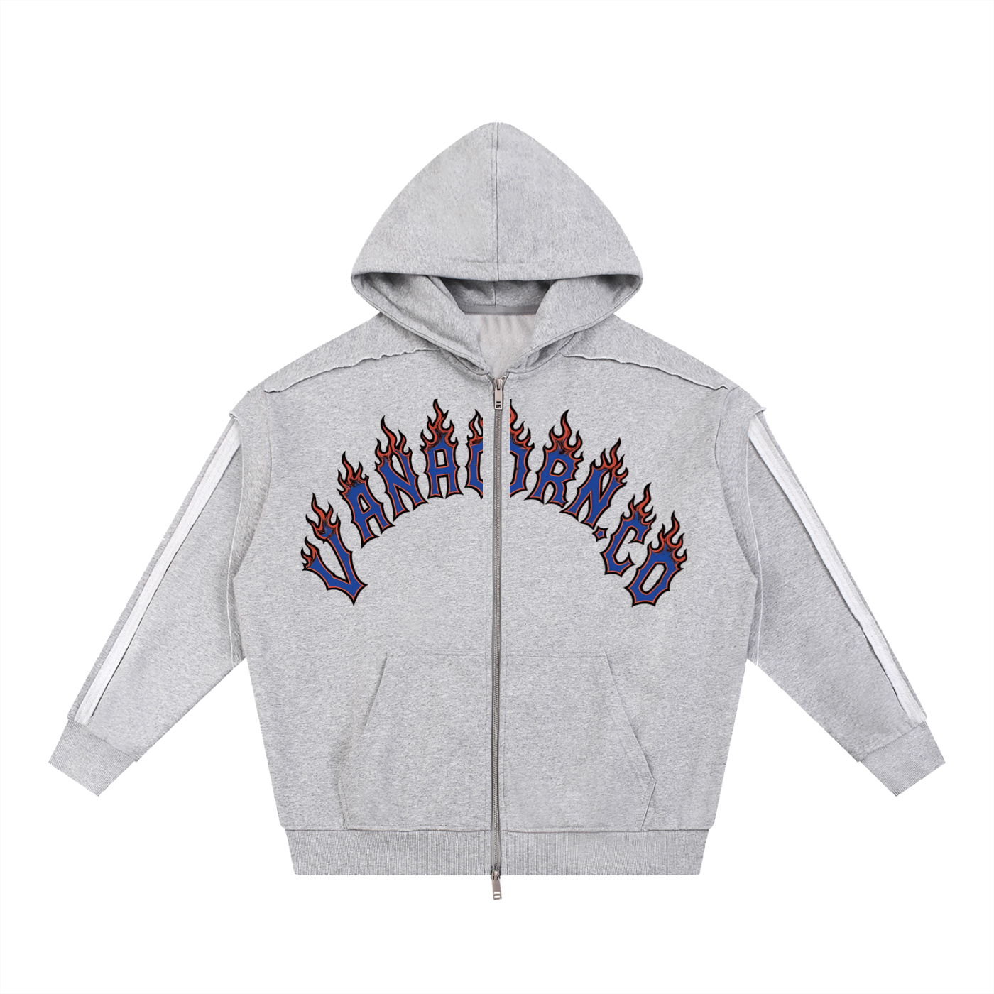 JVH.CO Contrast Tape Raw Edge Double Layered Zip Beach Flames Hoodie